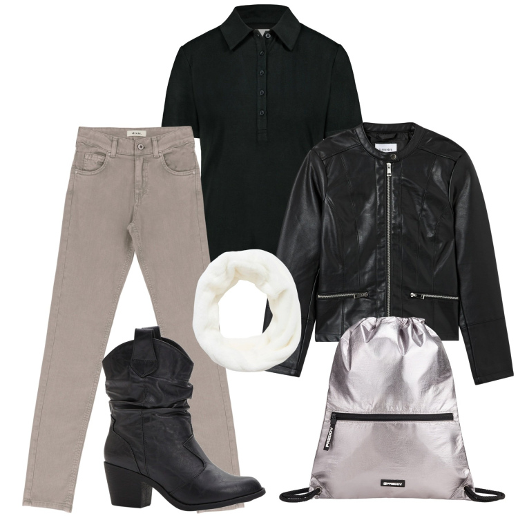 Outfit donna - Lo scooter in autunno. Stile Urban per Tutti i giorni. Abbinamento con stivaletti texani, blazer, fasce per capelli, zaini, pantaloni, polo.