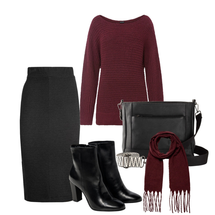 Outfit donna - Un classico. Stile Bon Ton per Ufficio. Abbinamento con maglieria, borse a tracolla, gonne lunghe, stivaletti, sciarpe.