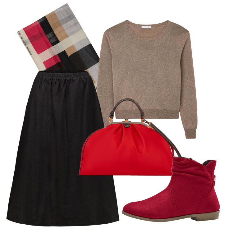 Outfit donna - Dettagli rossi. Stile Bon Ton per Tutti i giorni. Abbinamento con stivaletti, maglieria, gonne, sciarpe, borse a spalla.