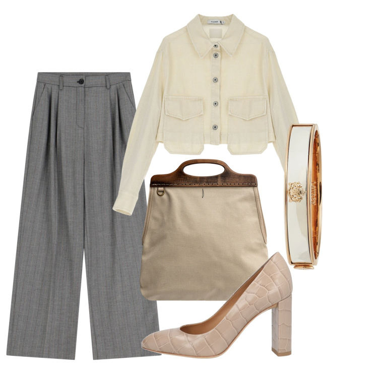 Outfit donna - Greige chic. Stile Chic per Ufficio. Abbinamento con décolleté, camicie, pantaloni, braccialetti, borse a tracolla.
