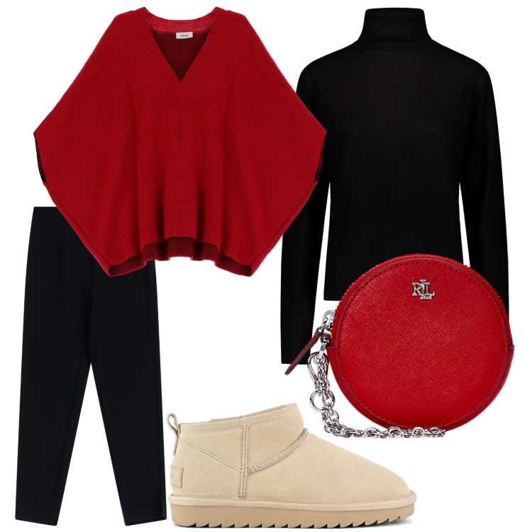Outfit donna - La mantella per mise sportiva. Stile Glamour per Ufficio. Abbinamento con pantaloni, cappotti, pochette, stivali, maglieria.