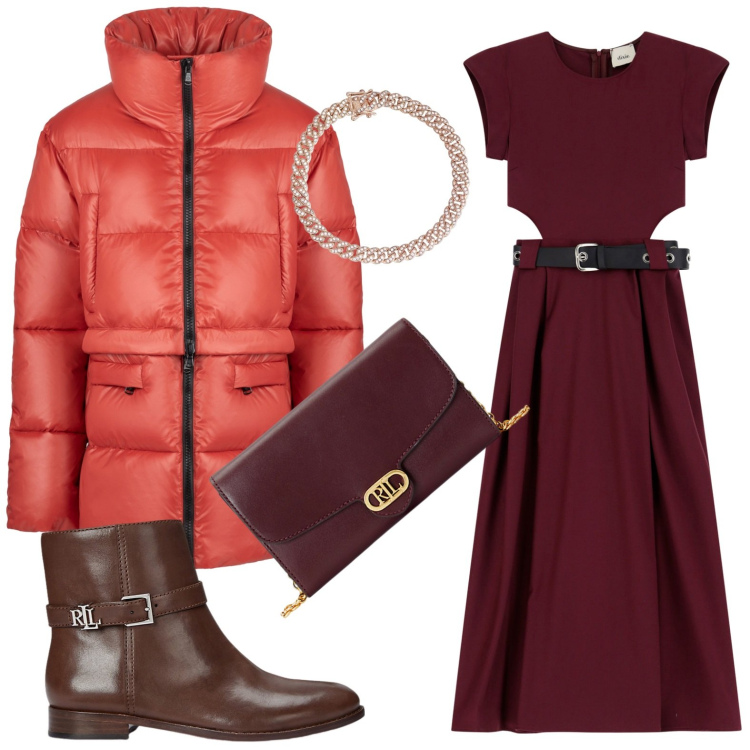 Outfit donna - Piumino dai tratti lucidi. Stile Glamour per Serata fuori. Abbinamento con braccialetti, vestiti, stivaletti, borse a tracolla, piumini.