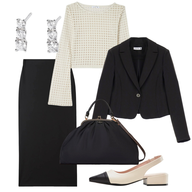Outfit donna - Cena dopo il lavoro. Stile Chic per Serata fuori. Abbinamento con décolleté, maglieria, gonne lunghe, orecchini, blazer, borse a tracolla.