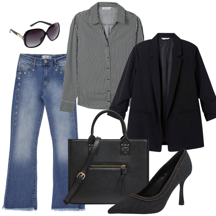 Outfit donna - Un po\' di eleganza. Stile Casual chic per Tutti i giorni. Abbinamento con occhiali da sole, shopping bag, camicie, blazer, décolleté, jeans.