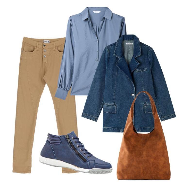 Outfit donna - Denim. Stile Casual per Tutti i giorni. Abbinamento con sneakers alte, shopping bag, blazer, camicie, pantaloni.