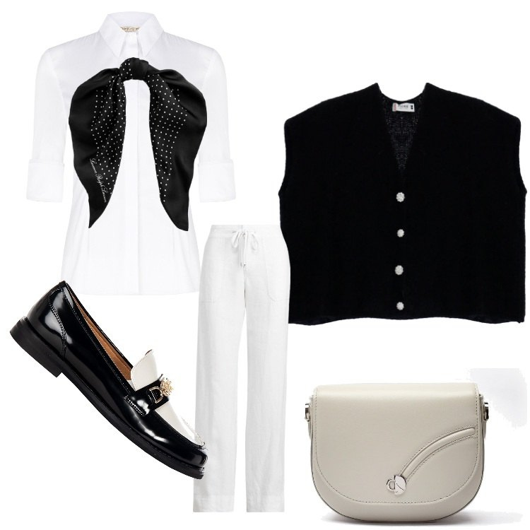 Outfit donna - mi piace il bianco. Stile Preppy per Tutti i giorni. Abbinamento con mocassini, camicie, maglieria, foulard, pantaloni, borse a tracolla.