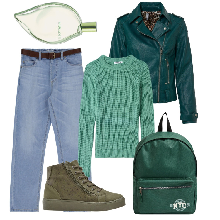 Outfit donna - Mint. Stile Casual per Tutti i giorni. Abbinamento con sneakers alte, blazer, profumi, zaini, maglieria, jeans slim fit.