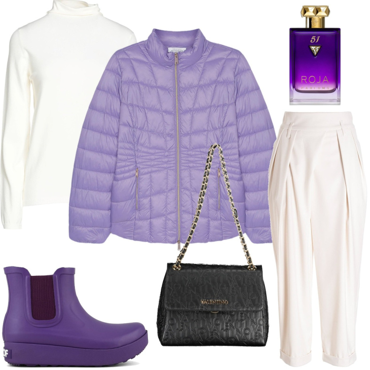 Outfit donna - Romantico lilla. Stile Trendy per Ufficio. Abbinamento con maglieria, profumi, pantaloni, stivali, borse a spalla, piumini.