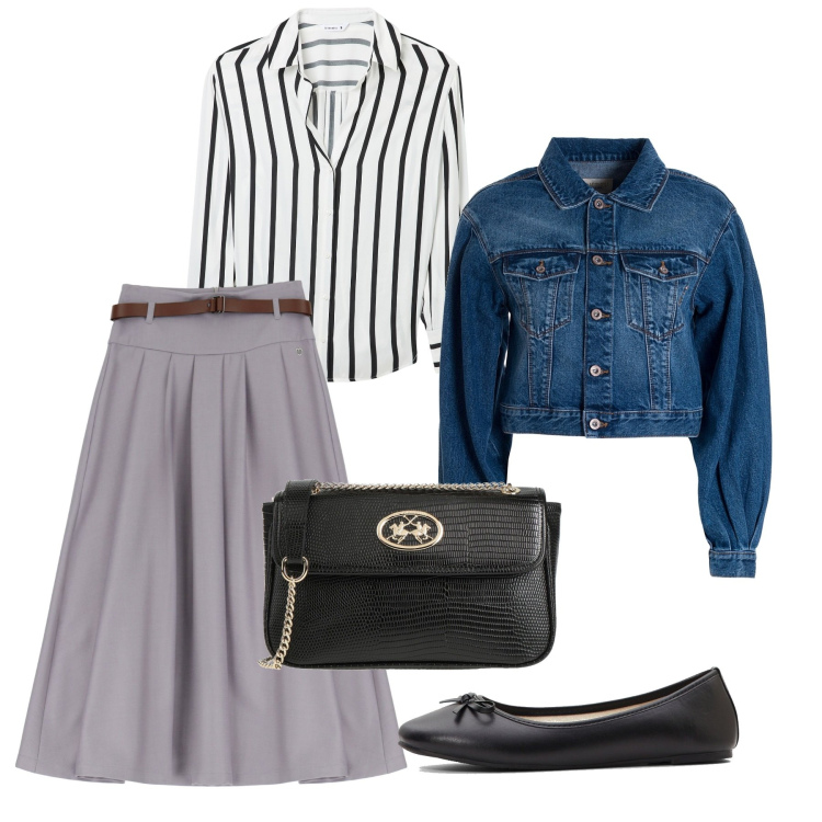 Outfit donna - Settembre tiepido. Stile Bon Ton per Tutti i giorni. Abbinamento con ballerine, borse a tracolla, camicie, giacche, gonne longuette.