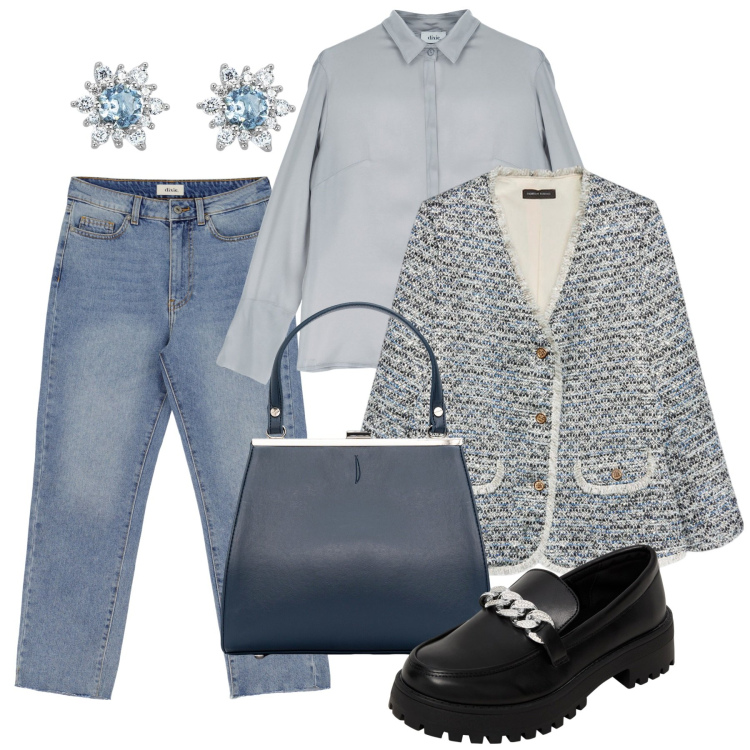 Outfit donna - Chic in jeans. Stile Casual chic per Tutti i giorni. Abbinamento con mocassini, orecchini, jeans slim fit, camicie, clutch, blazer.