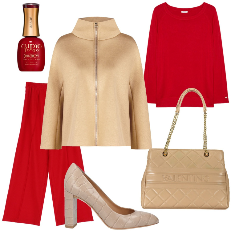 Outfit donna - Chic in ufficio. Stile Trendy per Ufficio. Abbinamento con décolleté, smalti, cappe, pantaloni, maglieria, borse a spalla.