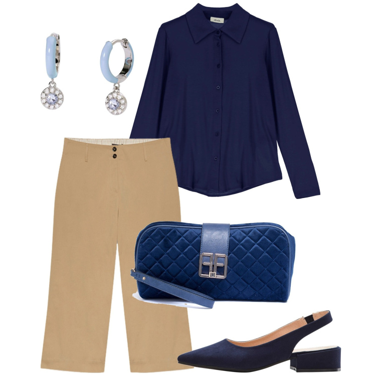 Outfit donna - Ufficio. Stile Bon Ton per Ufficio. Abbinamento con décolleté, pantaloni, orecchini, camicie, pochette.