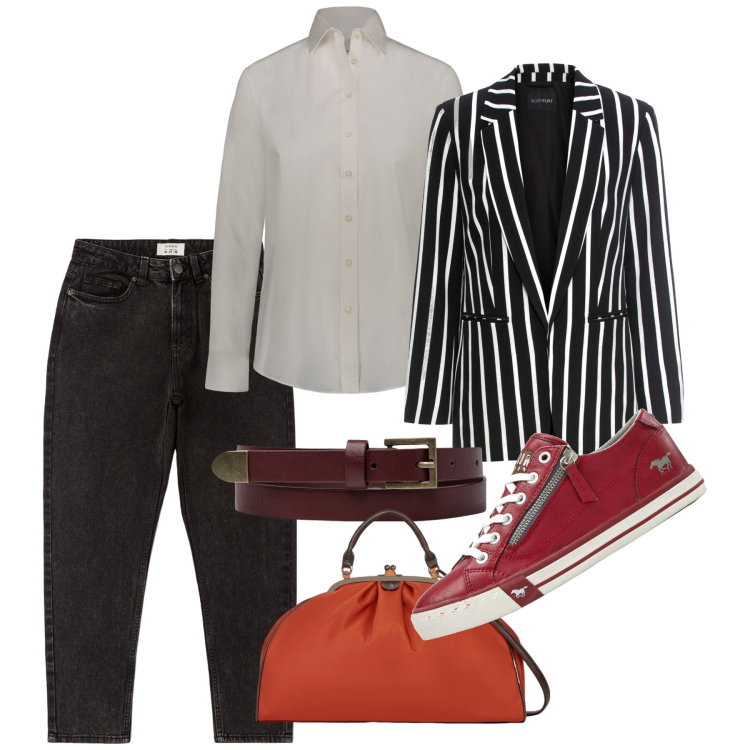 Outfit donna - Pomeriggio di settembre. Stile Urban per Tutti i giorni. Abbinamento con blazer, sneakers, jeans mom, camicie, cinture, borse a spalla.