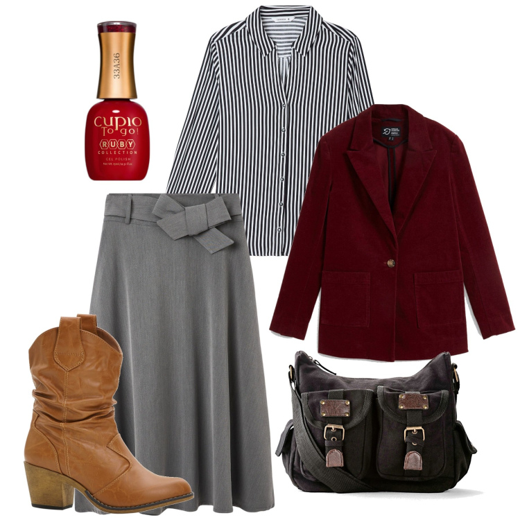 Outfit donna - Per un caffè. Stile Bon Ton per Tutti i giorni. Abbinamento con stivaletti texani, borse a tracolla, blazer, smalti, camicie, gonne lunghe.