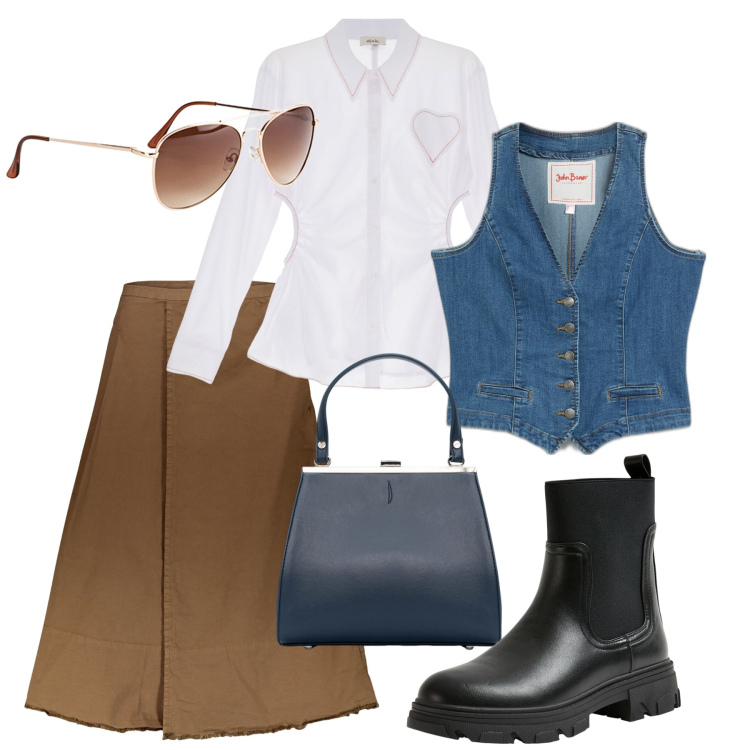 Outfit donna - Ufficio. Stile Bon Ton per Ufficio. Abbinamento con gilet, occhiali da sole, stivaletti chelsea, camicie, gonne lunghe, clutch.