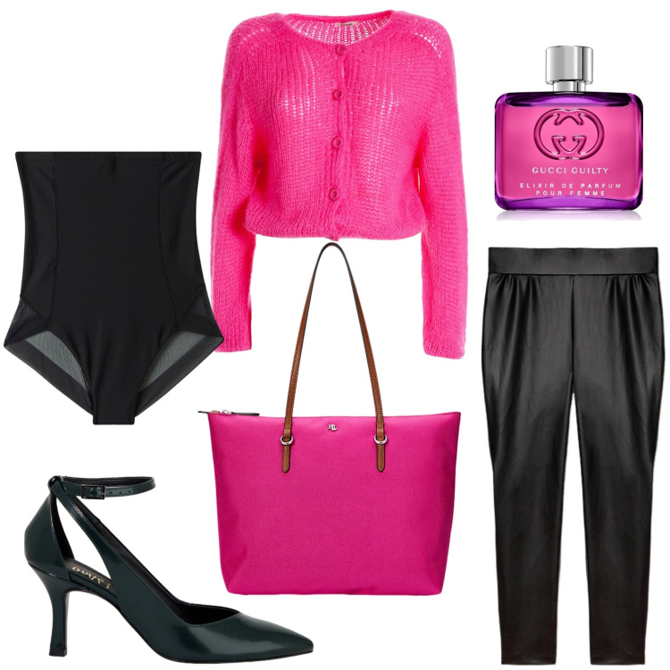 Outfit donna - La vie en rose. Stile Romantica per Serata fuori. Abbinamento con profumi, culotte, cardigans, décolleté, borse tote, leggings.
