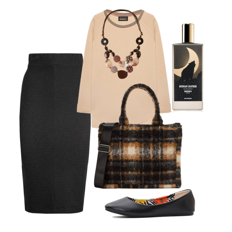 Outfit donna - Sobria e chic. Stile Bon Ton per Ufficio. Abbinamento con ballerine, profumi, shopping bag, gonne lunghe, felpe, collane.