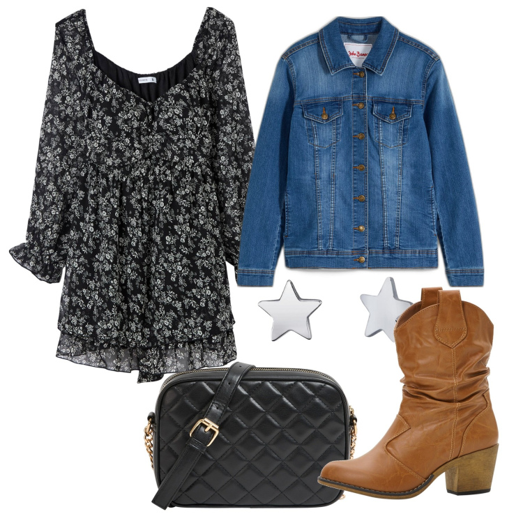 Outfit donna - Settembre. Stile Romantica per Tutti i giorni. Abbinamento con blazer, stivaletti texani, vestiti, borse a tracolla, orecchini.