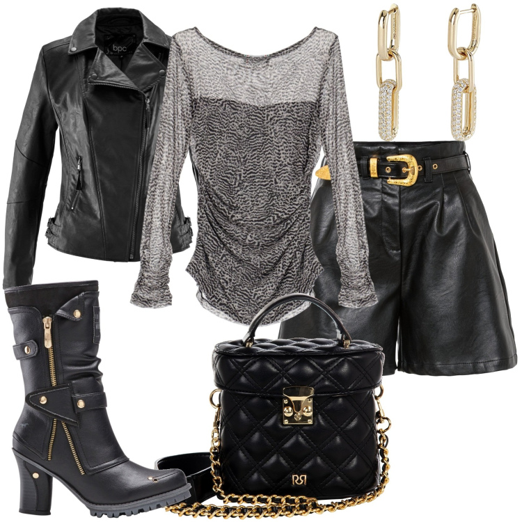 Outfit donna - Serate in festa. Stile Glamour per Serata fuori. Abbinamento con blazer, shorts, stivali, orecchini, borse a mano, top.