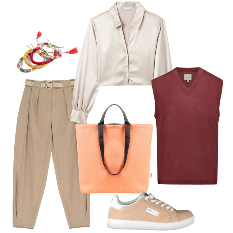 Outfit donna - Basic. Stile Basic per Tutti i giorni. Abbinamento con braccialetti, camicie, borse tote, pantaloni, gilet, sneakers.