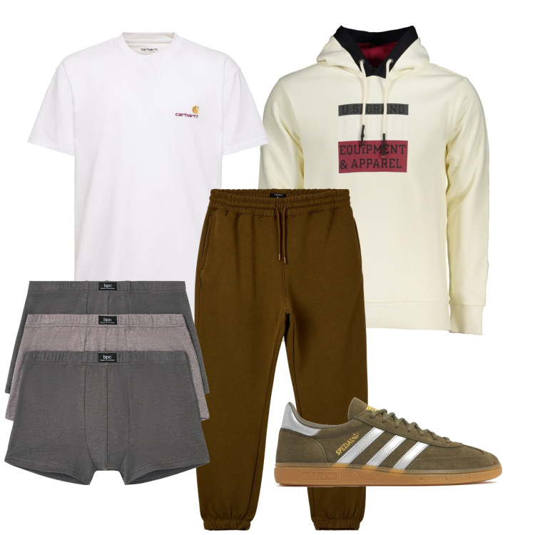 Outfit uomo - Le sneakers marroni. Stile Casual per Tutti i giorni. Abbinamento con pantaloni sportivi, boxer, felpe con cappuccio, t-shirt, sneakers.