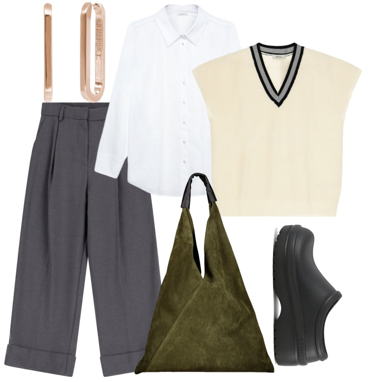 Outfit donna - Con gli zoccoli. Stile Bon Ton per Ufficio. Abbinamento con orecchini, pantaloni, maglieria, zoccoli, borse a spalla, camicie.