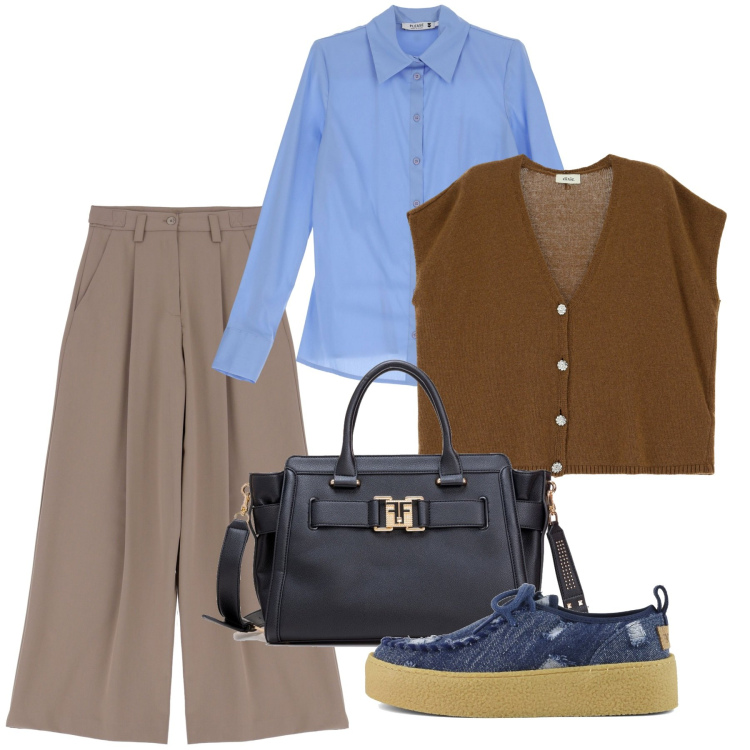 Outfit donna - Il tempo dei gilet. Stile Bon Ton per Ufficio. Abbinamento con borse tote, camicie, pantaloni a palazzo, gilet, mocassini.