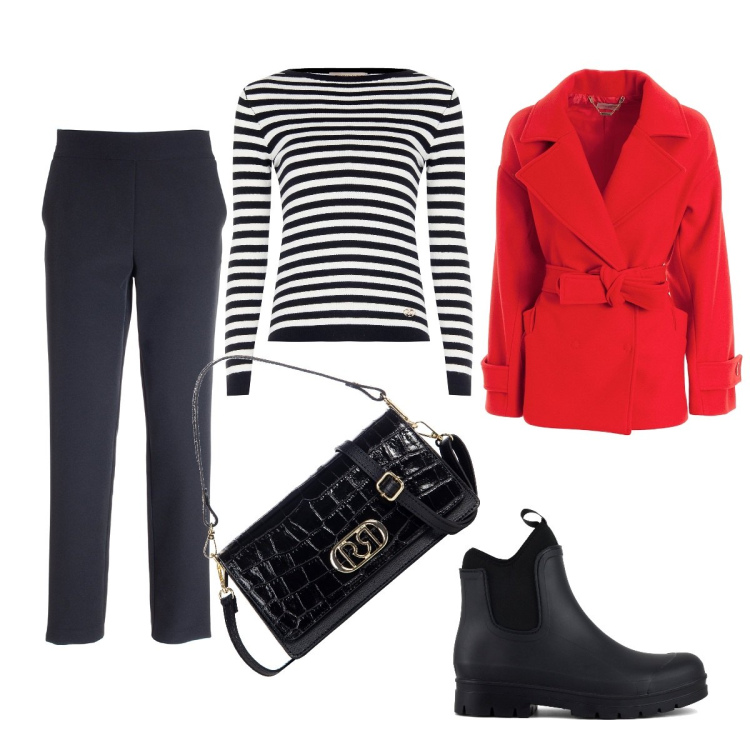 Outfit donna - Afareschoppingh. Stile Casual per Serata fuori. Abbinamento con maglieria, borse a tracolla, cappotti, pantaloni, stivali.