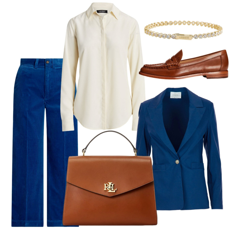 Outfit donna - Mannish blu cobalto. Stile Mannish per Ufficio. Abbinamento con braccialetti, borse a mano, mocassini, camicie, pantaloni, blazer.