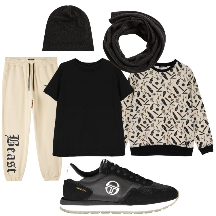 Outfit uomo - Passeggiata salutare nel bosco. Stile Casual per Sport. Abbinamento con sciarpe, pantaloni sportivi, berretti, felpe, t-shirt, scarpe sportive.