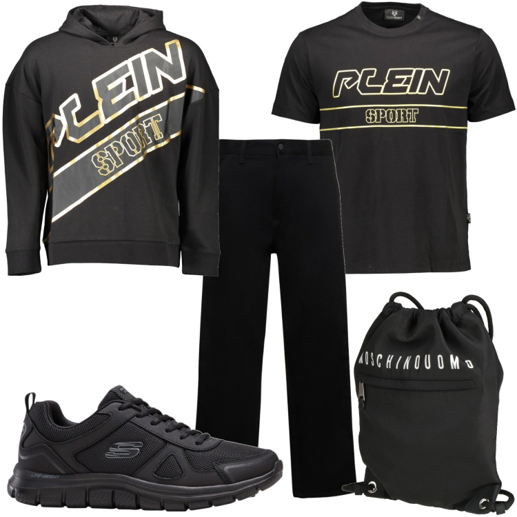 Outfit uomo - Total black. Stile Casual per Tutti i giorni. Abbinamento con sneakers, borse sportive, jeans, t-shirt, felpe con cappuccio.