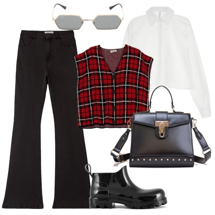 Outfit donna - Accademia style. Stile Preppy per Scuola/Università. Abbinamento con jeggings, camicie, borse tote, gilet, stivali, occhiali da sole.