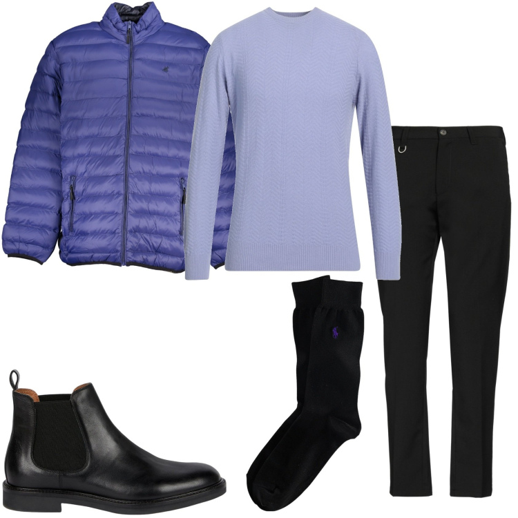 Outfit uomo - Anche io di viola. Stile Trendy per Tutti i giorni. Abbinamento con pullovers, pantaloni, calzini, giacche, stivali e stivaletti.