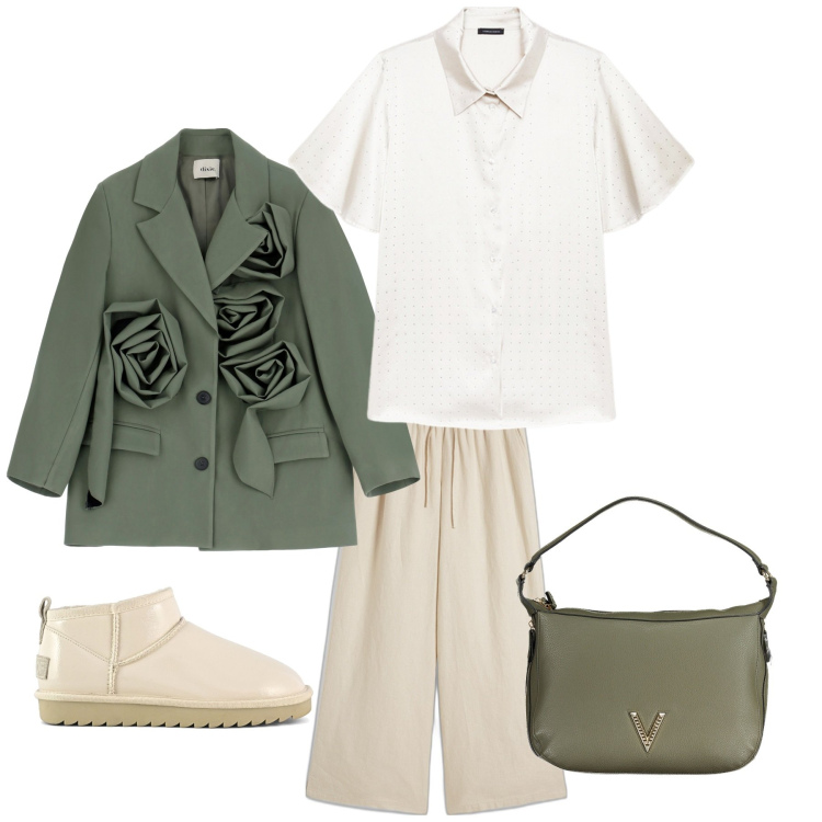 Outfit donna - Mix and match. Stile Glamour per Scuola/Università. Abbinamento con pantaloni a palazzo, blazer, stivali, borse a spalla, camicie a manica corta.