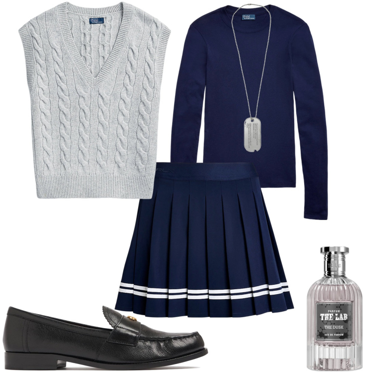 Outfit donna - Preppy style. Stile Preppy per Scuola/Università. Abbinamento con collane, profumi, t-shirt, maglieria, gonne, mocassini.