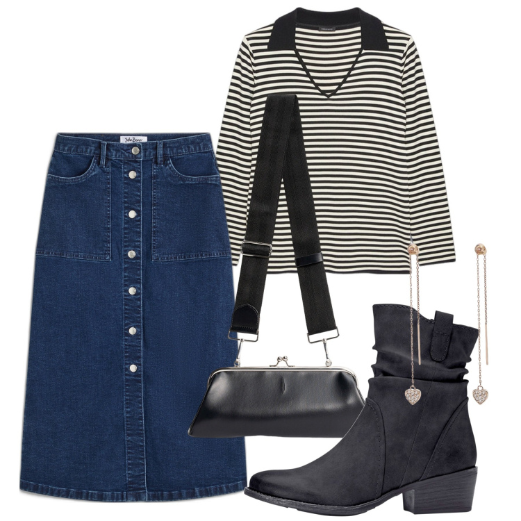 Outfit donna - Righe e denim. Stile Urban per Tutti i giorni. Abbinamento con stivaletti texani, gonne longuette, orecchini, maglieria, clutch.
