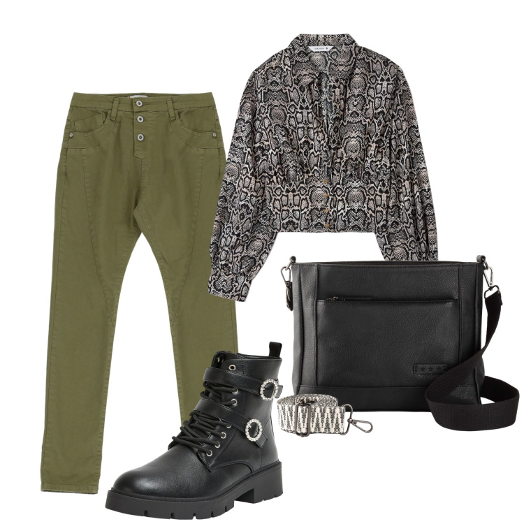 Outfit donna - In città. Stile Urban per Tutti i giorni. Abbinamento con borse a tracolla, bluse, anfibi, pantaloni.