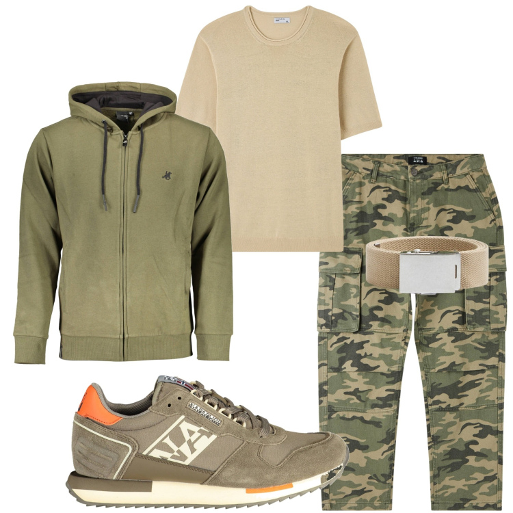 Outfit uomo - Nel bosco a funghi. Stile Casual per Sport. Abbinamento con pantaloni cargo, t-shirt, cinture, scarpe sportive, felpe con cappuccio.
