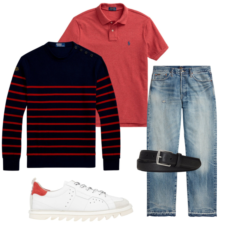Outfit uomo - In città. Stile Casual per Tutti i giorni. Abbinamento con sneakers, cinture, jeans dritti, polo, maglieria.