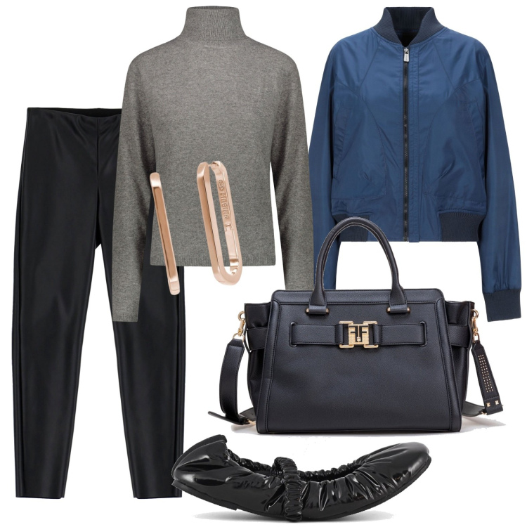 Outfit donna - La giacca blu multiuso. Stile Urban per Scuola/Università. Abbinamento con blazer, orecchini, borse tote, pantaloni, ballerine, maglieria.