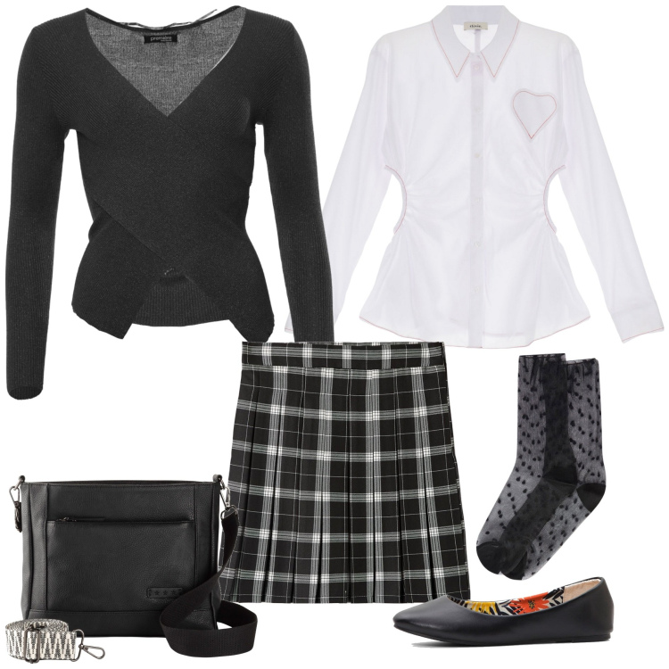 Outfit donna - Speciale preppy style. Stile Preppy per Tutti i giorni. Abbinamento con ballerine, borse a tracolla, minigonne, maglieria, camicie, calzini.