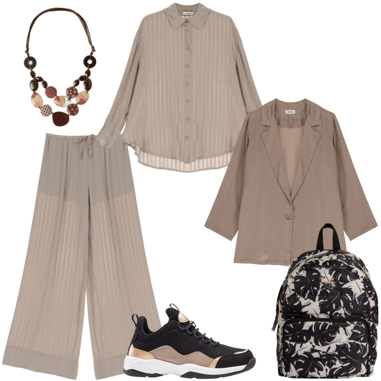 Outfit donna - Spensieratezza con Dixie. Stile Casual per Tutti i giorni. Abbinamento con sneakers, zaini, pantaloni a palazzo, camicie, blazer, collane.