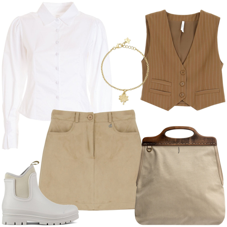 Outfit donna - Il giorno fortunato. Stile Preppy per Tutti i giorni. Abbinamento con braccialetti con ciondoli, camicie, gilet, minigonne, borse a tracolla, stivali.