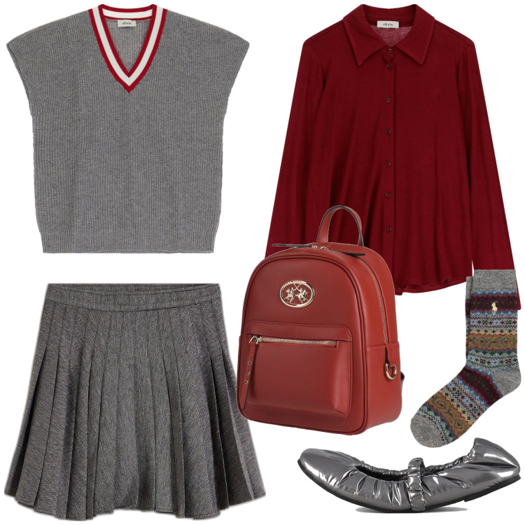 Outfit donna - College style. Stile Preppy per Tutti i giorni. Abbinamento con minigonne, zaini, camicie, maglieria, calzini, ballerine.