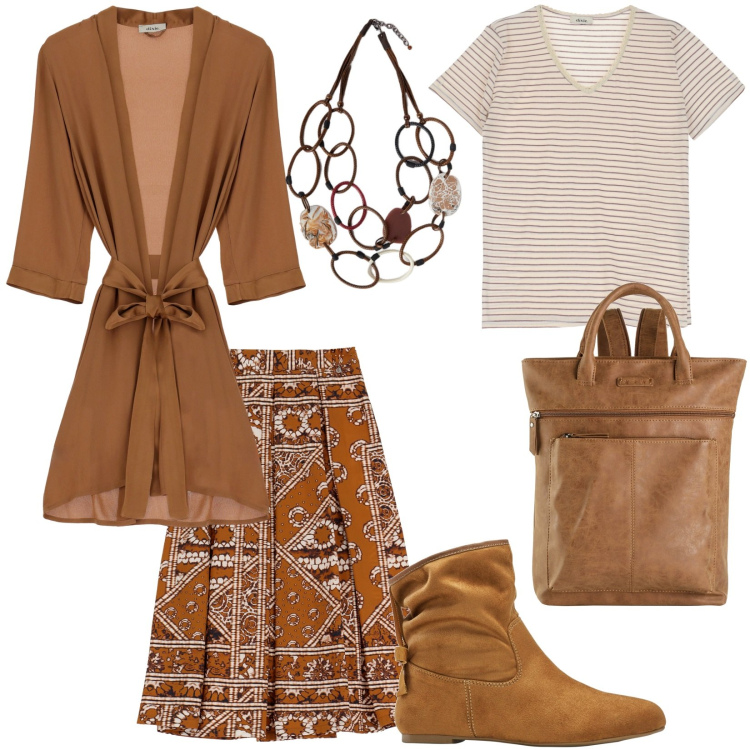 Outfit donna - I colori del bosco in autunno. Stile Etnico per Tutti i giorni. Abbinamento con zaini, stivaletti, cardigans, t-shirt, gonne lunghe, collane.