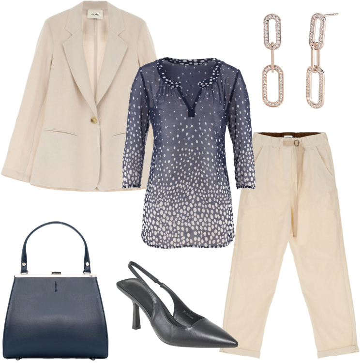 Outfit donna - Casual chic in ufficio. Stile Casual chic per Ufficio. Abbinamento con bluse, décolleté, orecchini, pantaloni, blazer, clutch.