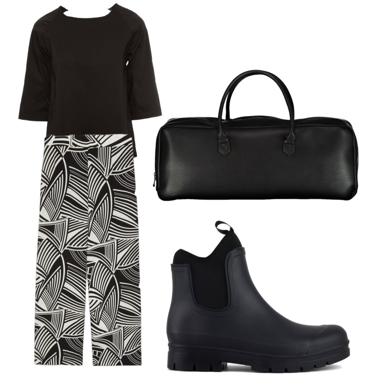 Outfit donna - Aperitivo. Stile Trendy per Tutti i giorni. Abbinamento con stivali, borse a mano, pantaloni a palazzo, bluse.