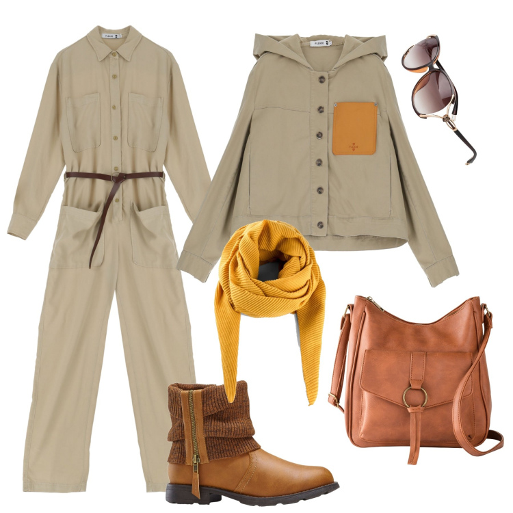 Outfit donna - Jumpsuite al mercato !. Stile Casual per Tutti i giorni. Abbinamento con borse a tracolla, occhiali da sole, foulard, stivaletti, blazer, tute.
