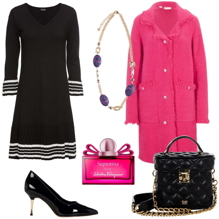 Outfit donna - L\'abito in maglina. Stile Bon Ton per Serata fuori. Abbinamento con vestiti, cardigans, décolleté, borse a mano, profumi, ciondoli.