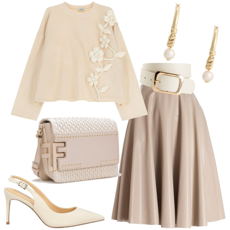 Outfit donna - Total look #1959845. Stile Casual chic per Tutti i giorni. Abbinamento con cinture, décolleté, gonne longuette, borse a tracolla, felpe, orecchini.